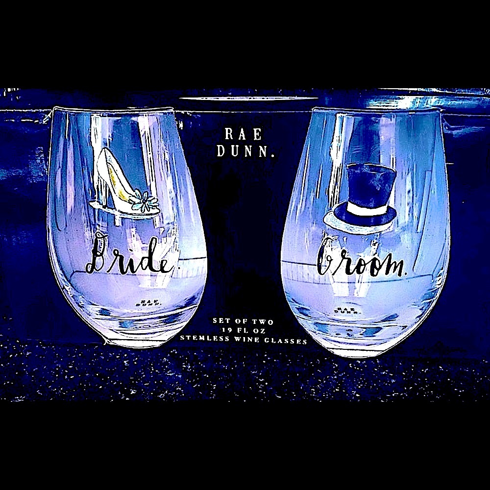Rae Dunn. Set of Two Stemless Wine Glasses. Bride & Groom.